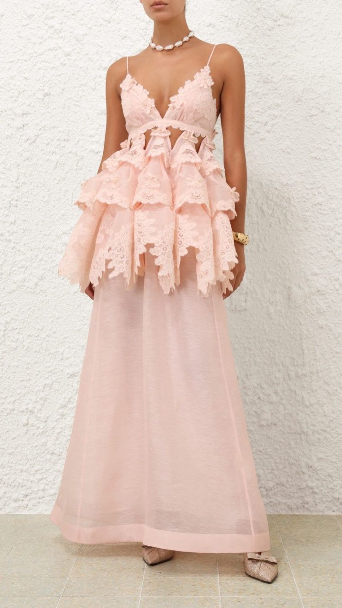 Pembe Dantelli Maksi Elbise