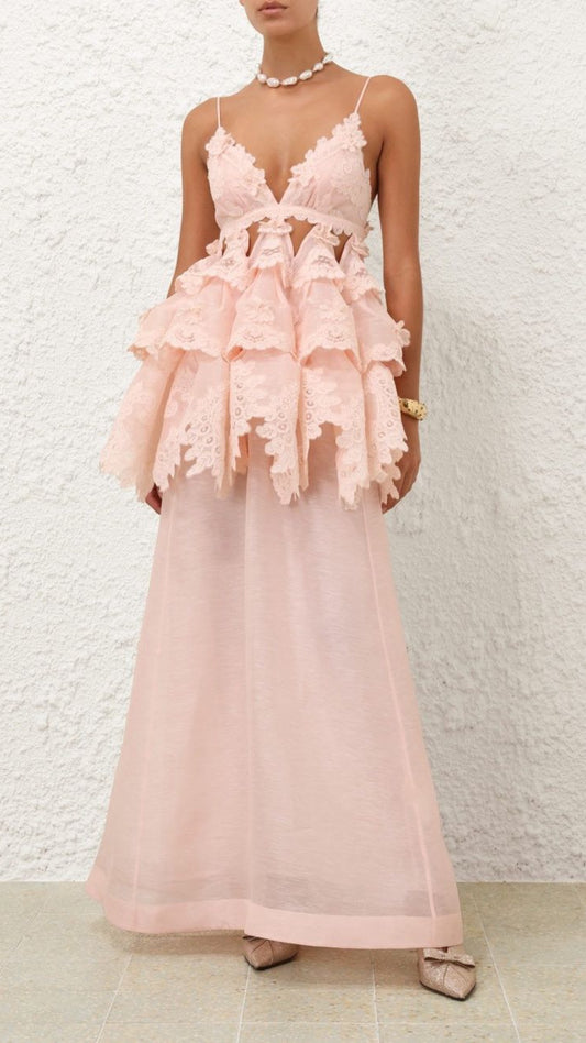 Pembe Dantelli Maksi Elbise