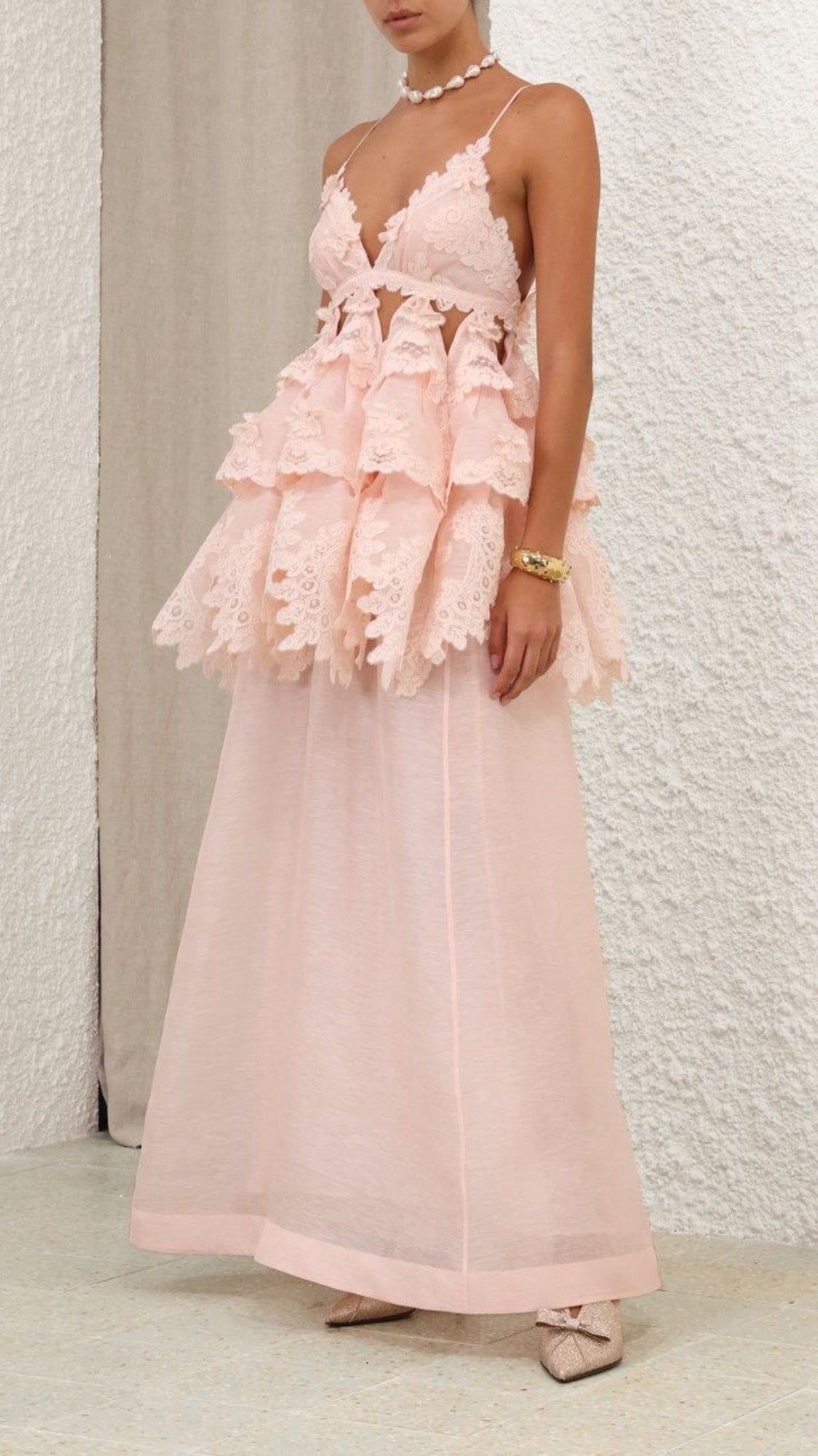 Pembe Dantelli Maksi Elbise